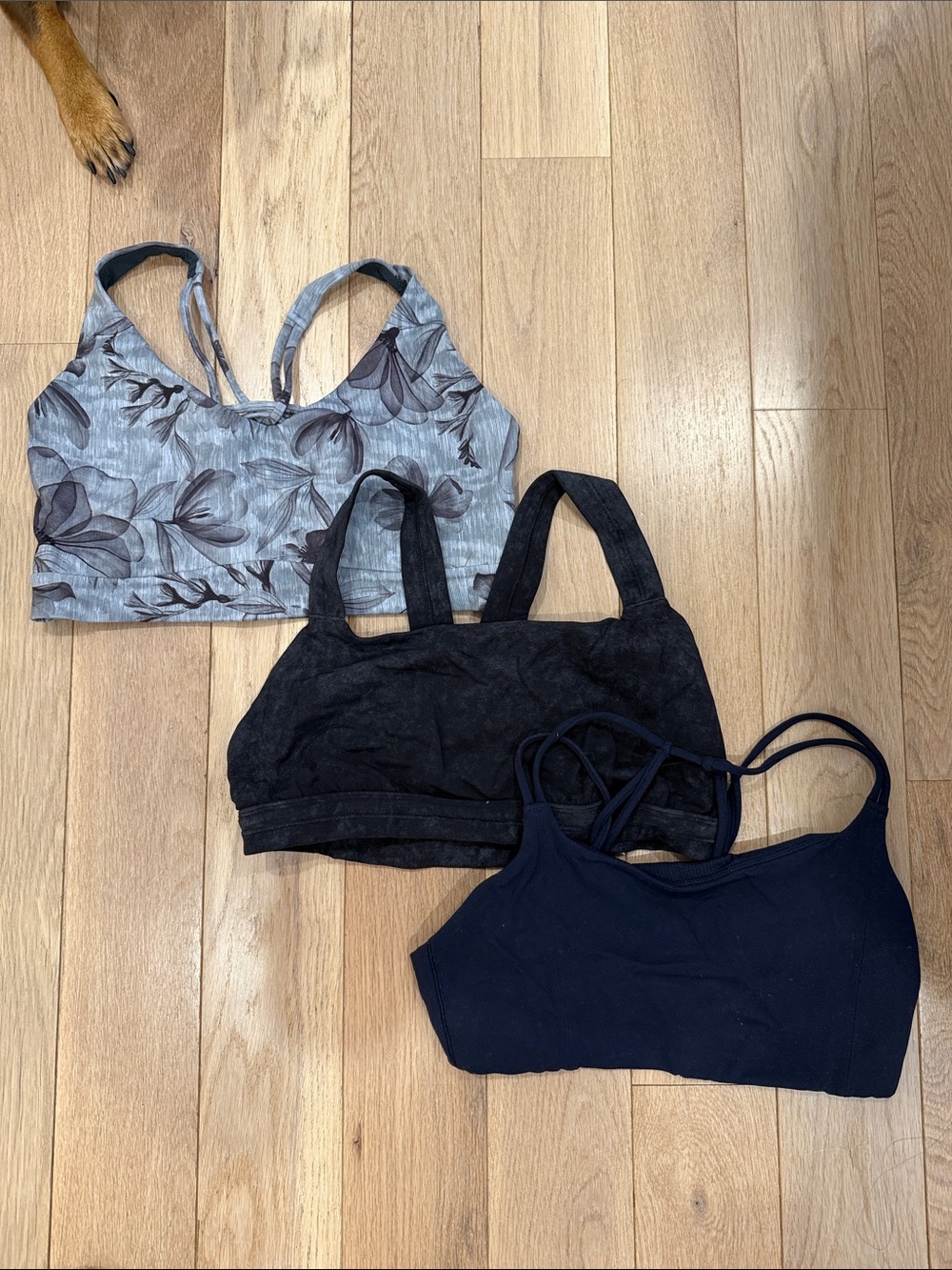 ATHLETA Women’s Floral Gray, Black & Navy Sports Bra Set